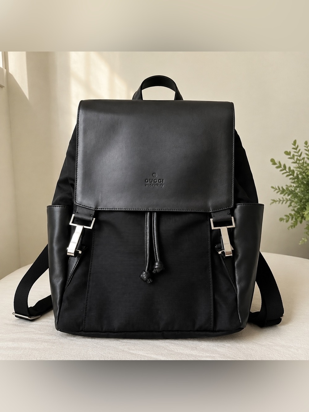 GUCCI Calfskin Canvas Backpack Black